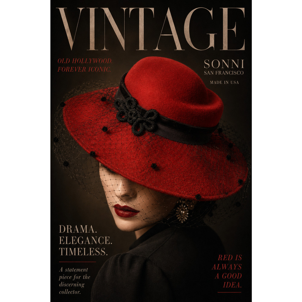 Vintage 1980's Sonni San Francisco Red Wool Veiled Hat Black Netting Wide Brim